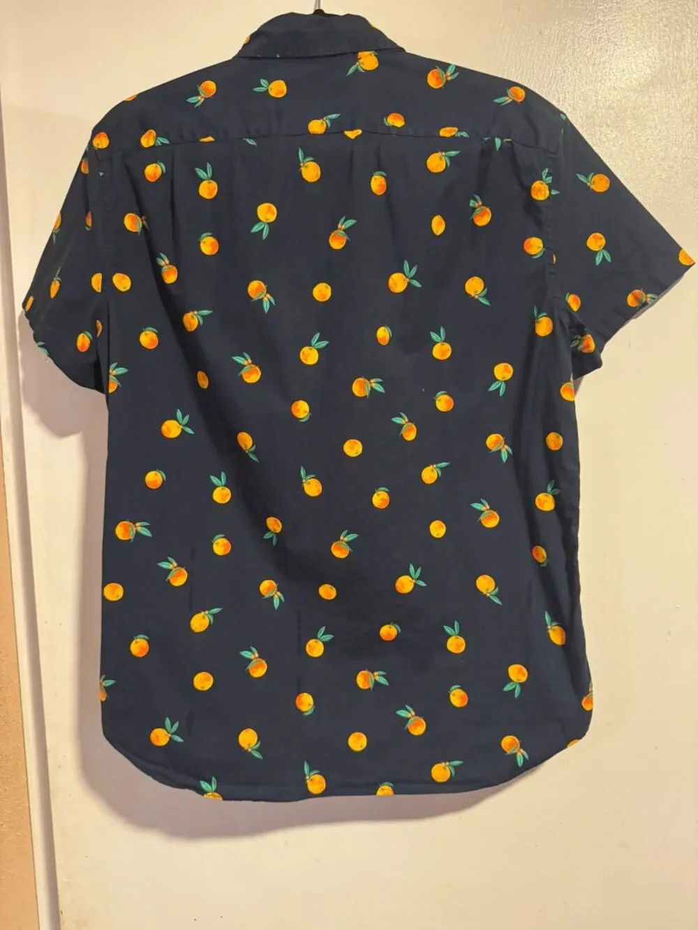 J. Crew Flex Washed Oranges Print Shirt Slim M Navy Short Sleeve